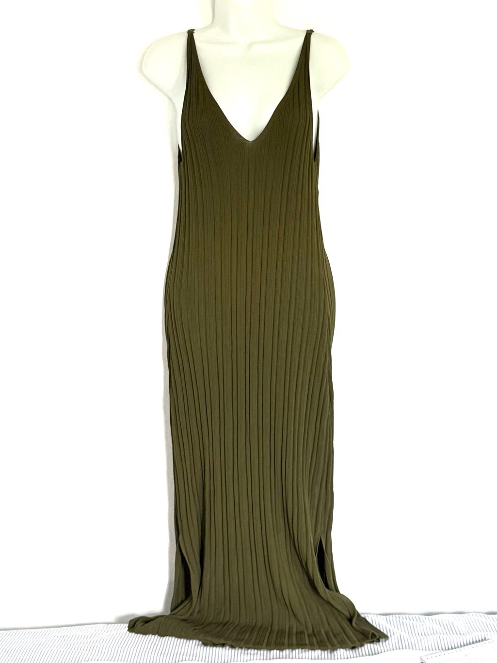 Modern Citizen Olive Green Ribbed Knit V-Neck Maxi Slip Dress